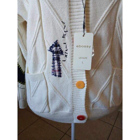 Cardigan Ivory Apric Chunky Knit Large   Embroidered Oversized Sweater Colorful - Picture 6 of 16